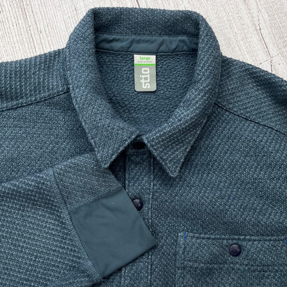 Stio Notio Strech Mens Blue Waffle Knit Fleece Snap Front Shirt Jacket Sz Large